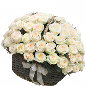 101 белая роза в корзине "Счастье". annetflowers.com.ua. Купить 101 розу в подарочной корзине